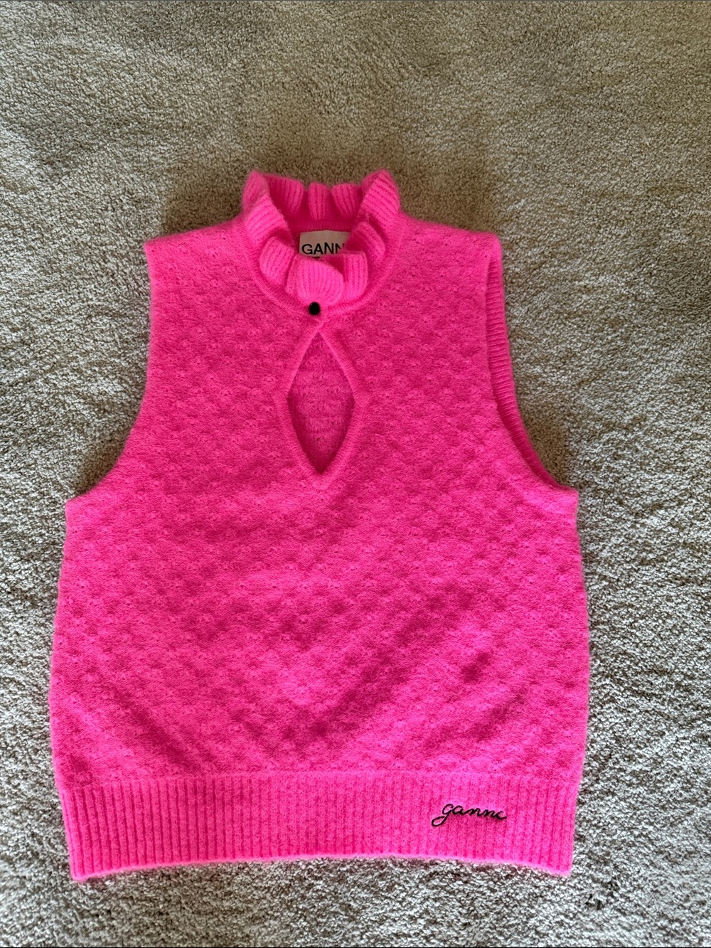Ganni Neon Pink Knit Keyhole Sweater Vest